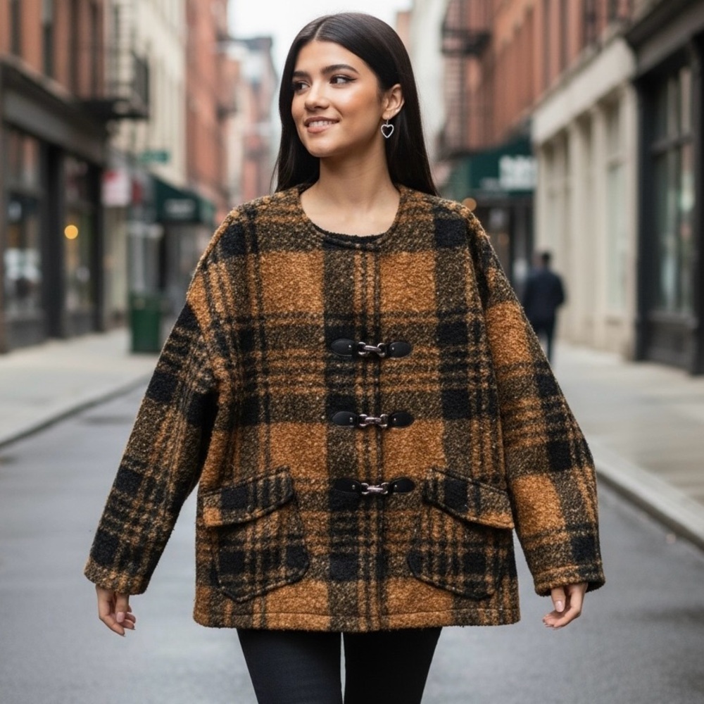 🌻NEW w/tags NATIVE YOUTH Ramos Boucle Check Wrap Coat Size Large